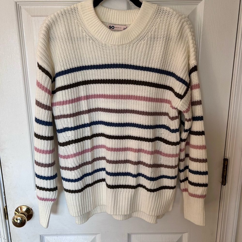 Women’s SO Cream Knit Sweater with Pink, Brown, Blue Accent Stripes